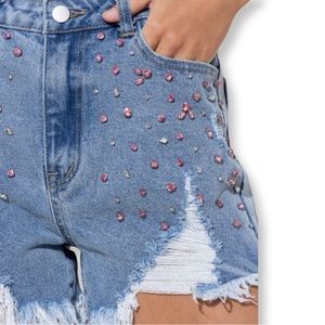 Pink Rhinestone Denim Distressed Shorts